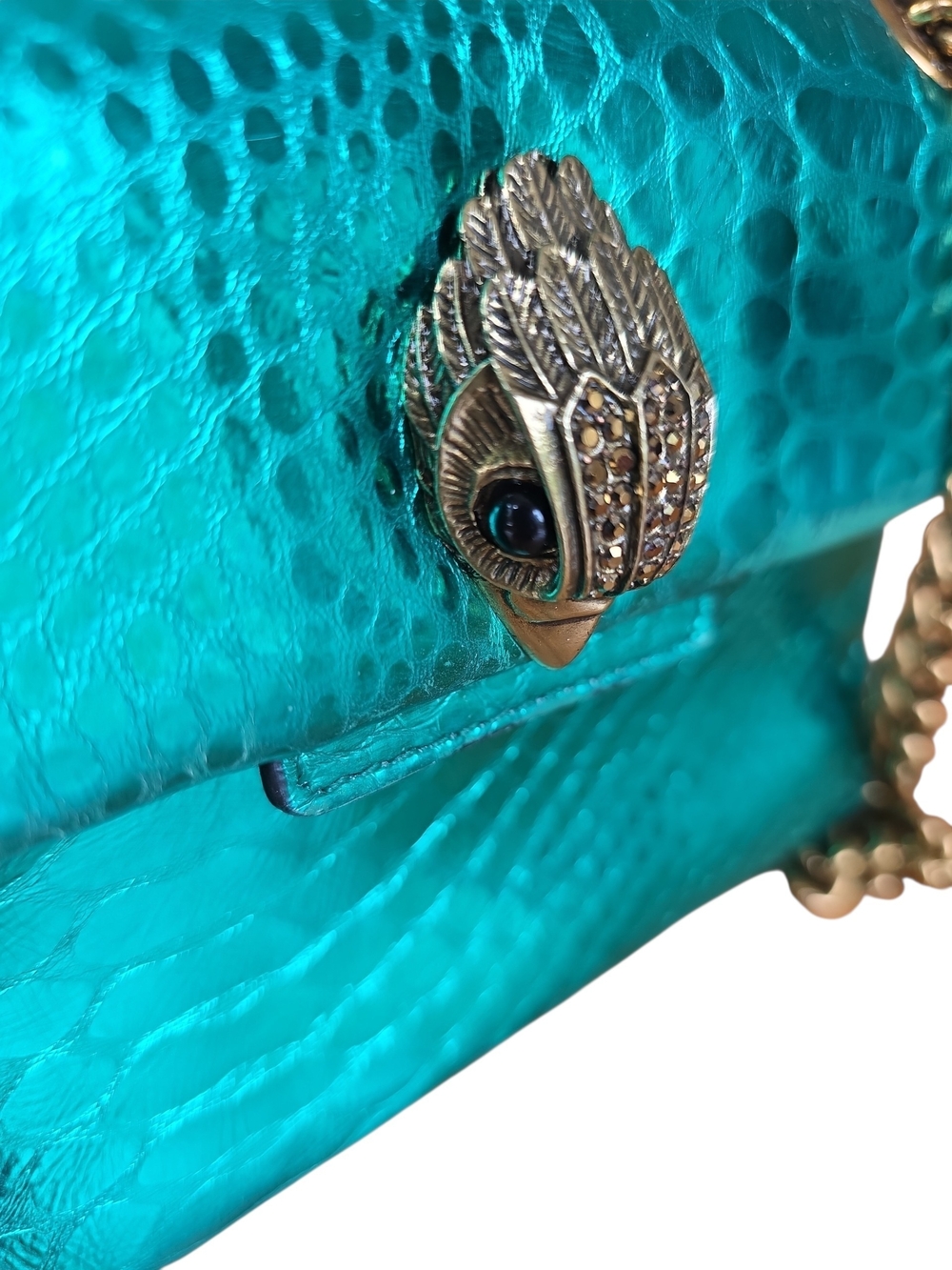 Kurt Geiger Turquoise Snake-Embossed Shoulder Bag with Gold Chain - Picture 4 of 15
